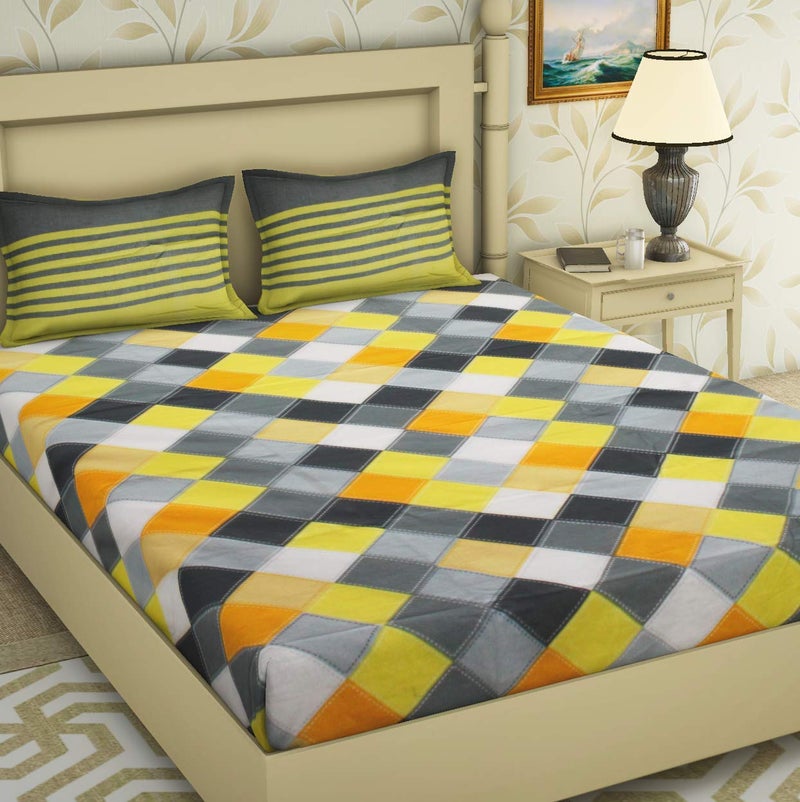 BedZone Cotton Floral Bedsheets for Double Bed Bedsheet with 2 Pillow Covers Yellow and Grey - Image 2