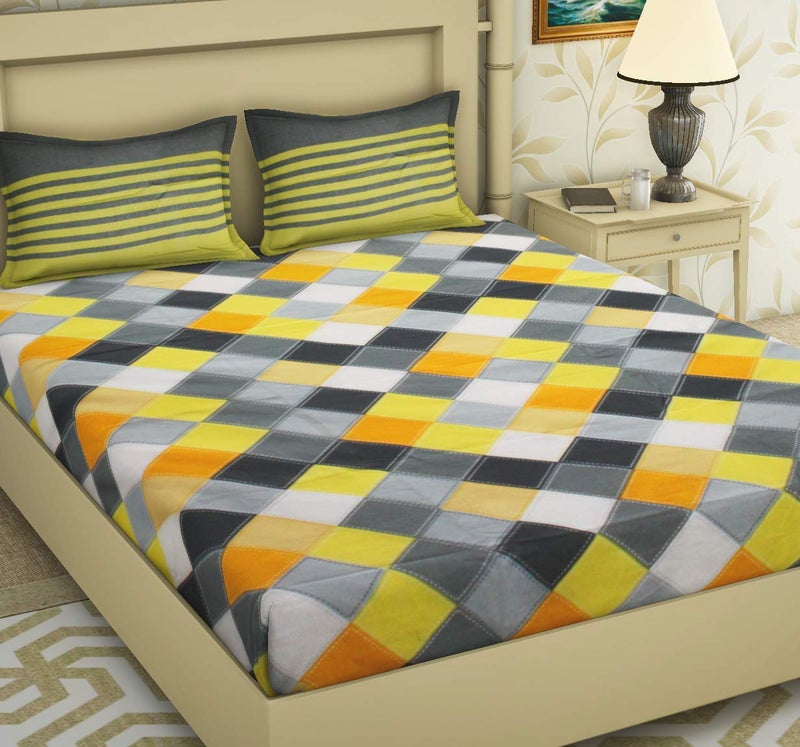 BedZone Cotton Floral Bedsheets for Double Bed Bedsheet with 2 Pillow Covers Yellow and Grey - Image 1