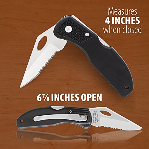 Maxam Lockback 7 (Open) Inch Pocket Knife - Stainless Steel Half Serrated Blade, Textured No-Slip Handle, Carry Clip, Black - Image 2
