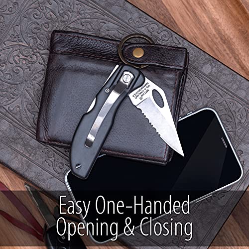 Maxam Lockback 7 (Open) Inch Pocket Knife - Stainless Steel Half Serrated Blade, Textured No-Slip Handle, Carry Clip, Black - Image 4