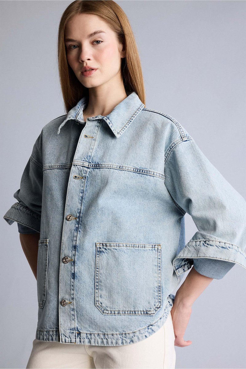 DeFacto Blue Woman Wide Pocket Denim Jacket Casual - Image 5
