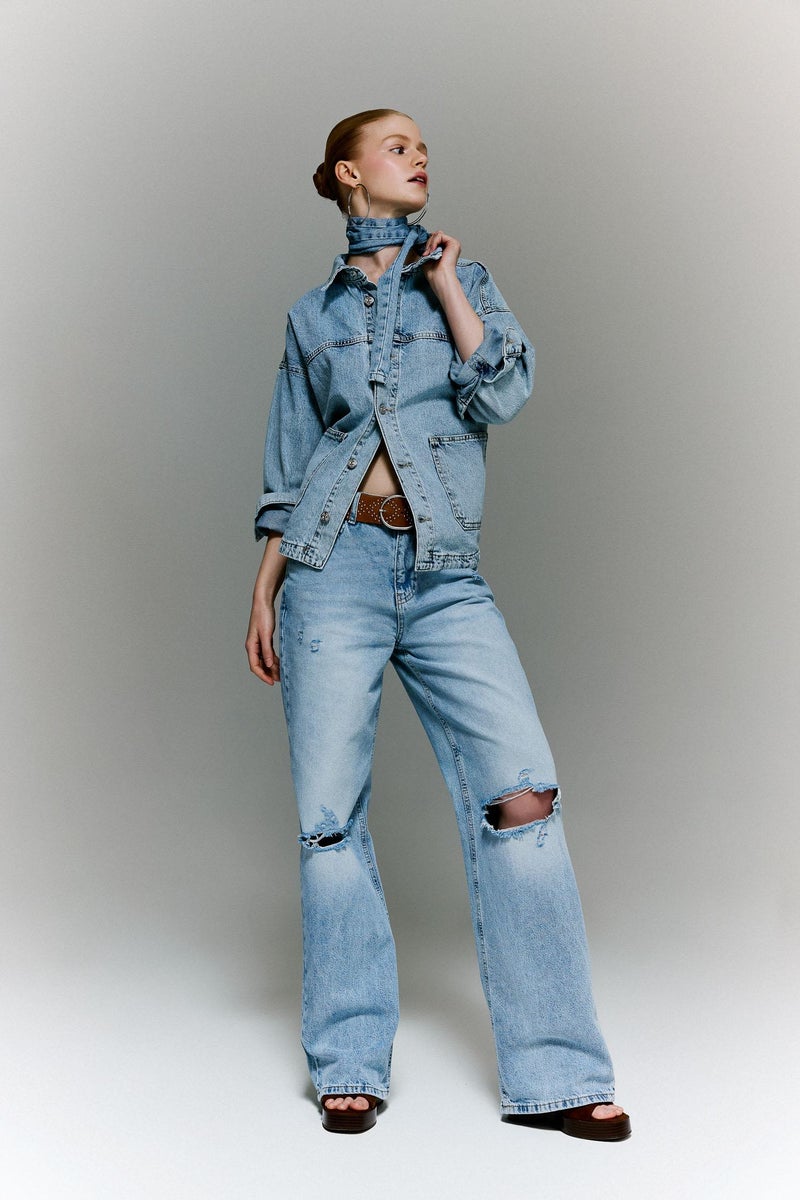 DeFacto Blue Woman Wide Pocket Denim Jacket Casual - Image 2