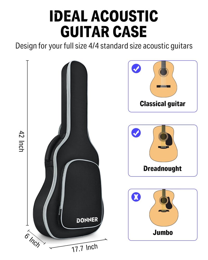 Donner 40 41 Inch Acoustic Guitar Case, 5 mm Thick Padding Sponge 600D Ripstop Waterproof Nylon Soft Acoustic Guitar Bag with Dual Adjustable Shoulder Strap and Thick Sponge Handle, Black - Image 3