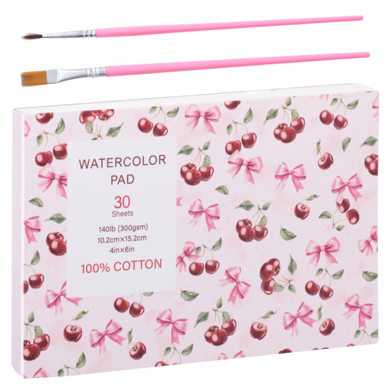 Prudiut 30 Sheets Watercolor Paper Pad with 2 Pcs Watercolor Brush, 140 lb/300 GSM Watercolor Paper Cold Press Tearable Water Color Pad for Art Painting, Drawing, Mixed Media(4x6 Inch) - Image 1
