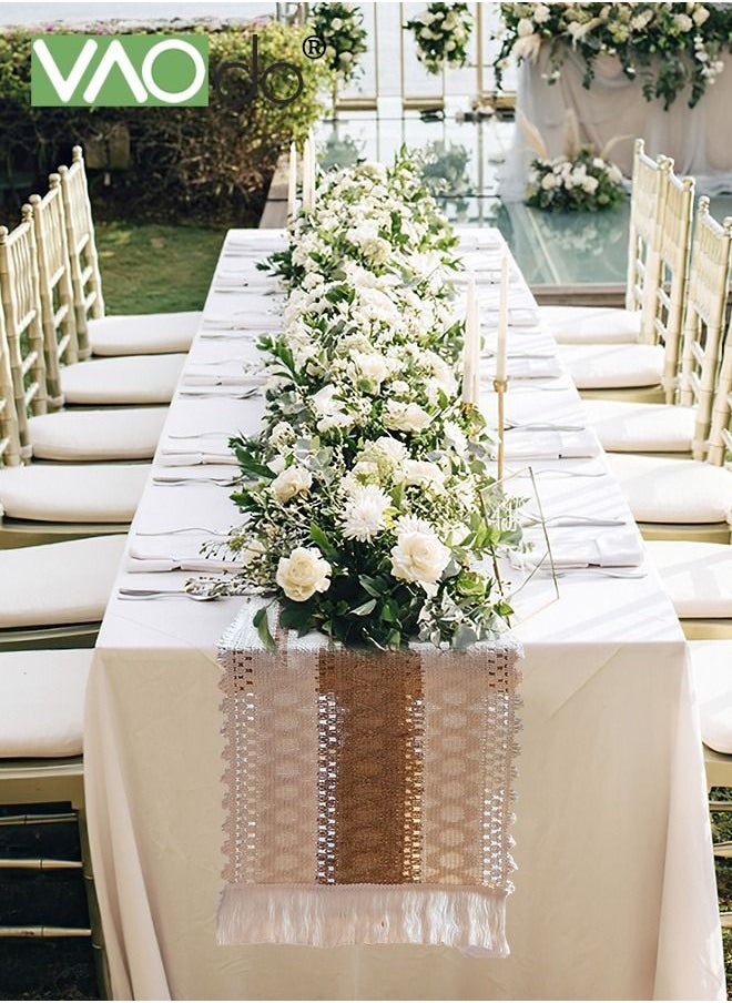 VAOdo - Boho Table Runner for Home Decor Long Farmhouse Rustic Table Runner Cream & Brown Macrame Table Runner with Tassels for Boho Dining Bedroom Decor Rustic Bridal Shower 30*220CM - Image 1