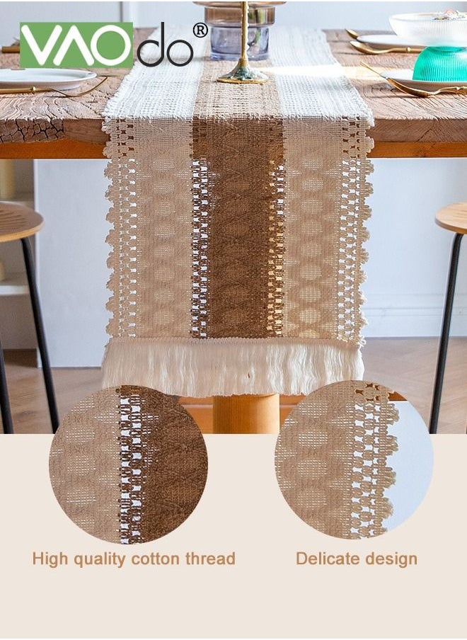 VAOdo - Boho Table Runner for Home Decor Long Farmhouse Rustic Table Runner Cream & Brown Macrame Table Runner with Tassels for Boho Dining Bedroom Decor Rustic Bridal Shower 30*220CM - Image 1