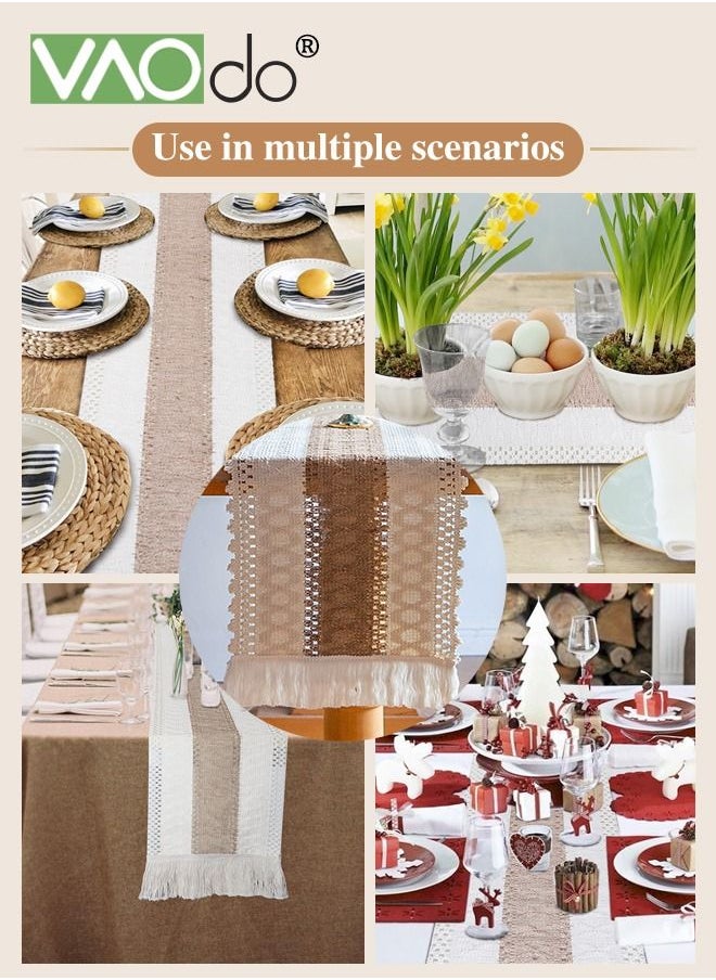 VAOdo - Boho Table Runner for Home Decor Long Farmhouse Rustic Table Runner Cream & Brown Macrame Table Runner with Tassels for Boho Dining Bedroom Decor Rustic Bridal Shower 30*220CM - Image 1