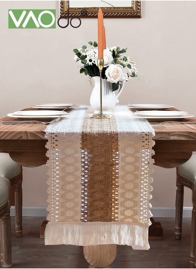 VAOdo - Boho Table Runner for Home Decor Long Farmhouse Rustic Table Runner Cream & Brown Macrame Table Runner with Tassels for Boho Dining Bedroom Decor Rustic Bridal Shower 30*220CM - Image 1