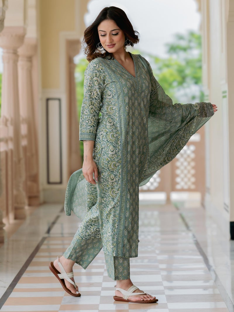 Arayna Women’s Cotton Printed Kurta Set with Pants & Dupatta | Elegant Ethnic Wear for Women | Floral Print | Comfortable Suit Set, Pastel Green, Large - Image 5