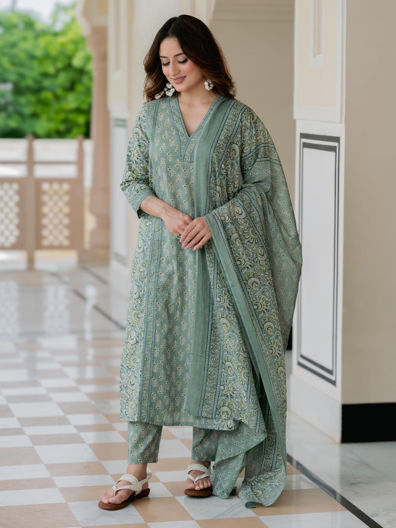Arayna Women’s Cotton Printed Kurta Set with Pants & Dupatta | Elegant Ethnic Wear for Women | Floral Print | Comfortable Suit Set, Pastel Green, Large - Image 3