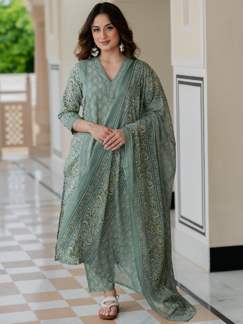Arayna Women’s Cotton Printed Kurta Set with Pants & Dupatta | Elegant Ethnic Wear for Women | Floral Print | Comfortable Suit Set, Pastel Green, Large - Image 2