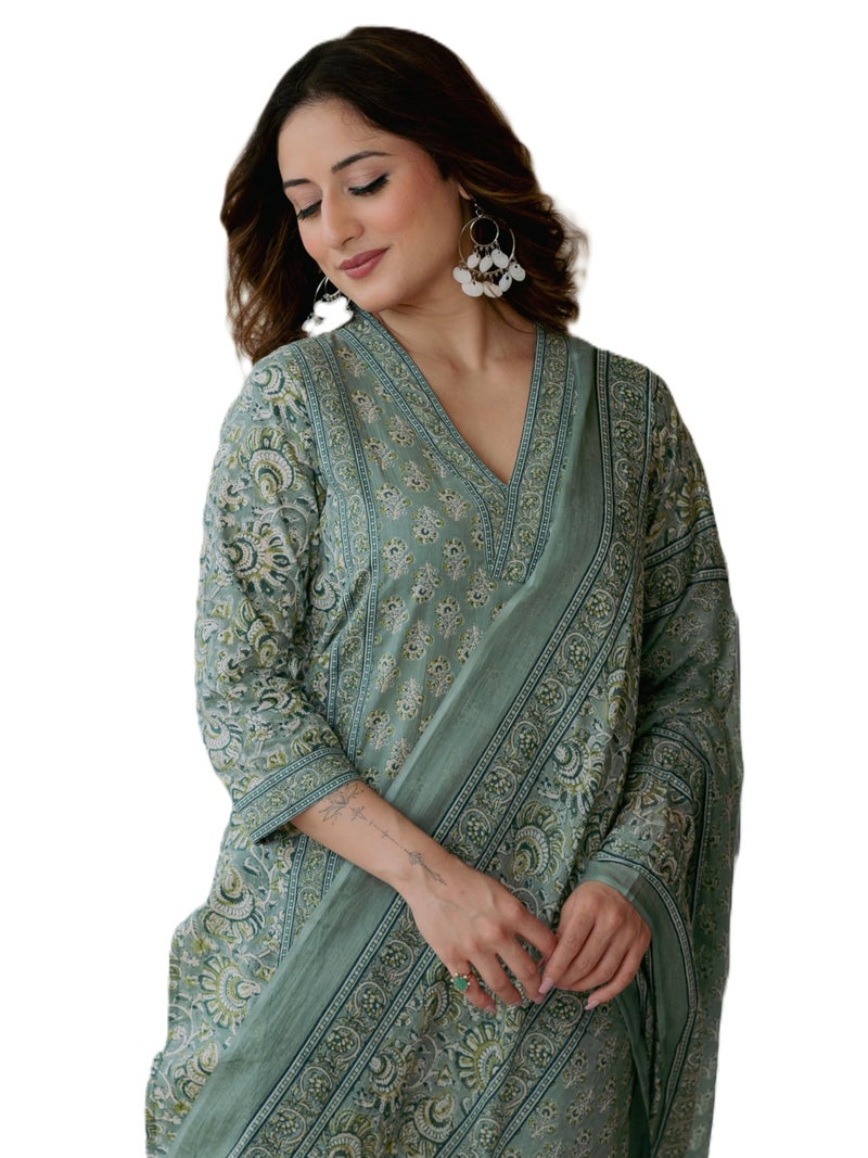 Arayna Women’s Cotton Printed Kurta Set with Pants & Dupatta | Elegant Ethnic Wear for Women | Floral Print | Comfortable Suit Set, Pastel Green, Large - Image 1