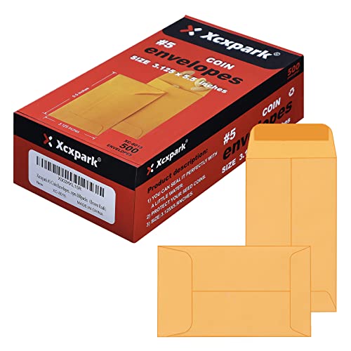 Xxcxpark 500 PCS #5 Coin Envelopes, 3.125 x 5.5 inches Brown Kraft Envelopes Classic Small Parts Envelopes with Self Adhesive Gummed Flap for Coins, Cash, Credit Cards, Seeds - Image 1