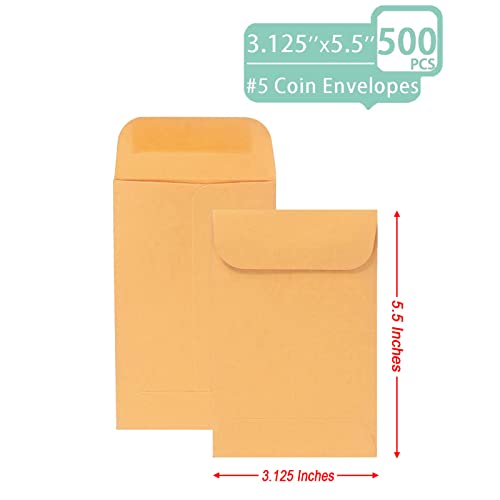 Xxcxpark 500 PCS #5 Coin Envelopes, 3.125 x 5.5 inches Brown Kraft Envelopes Classic Small Parts Envelopes with Self Adhesive Gummed Flap for Coins, Cash, Credit Cards, Seeds - Image 3