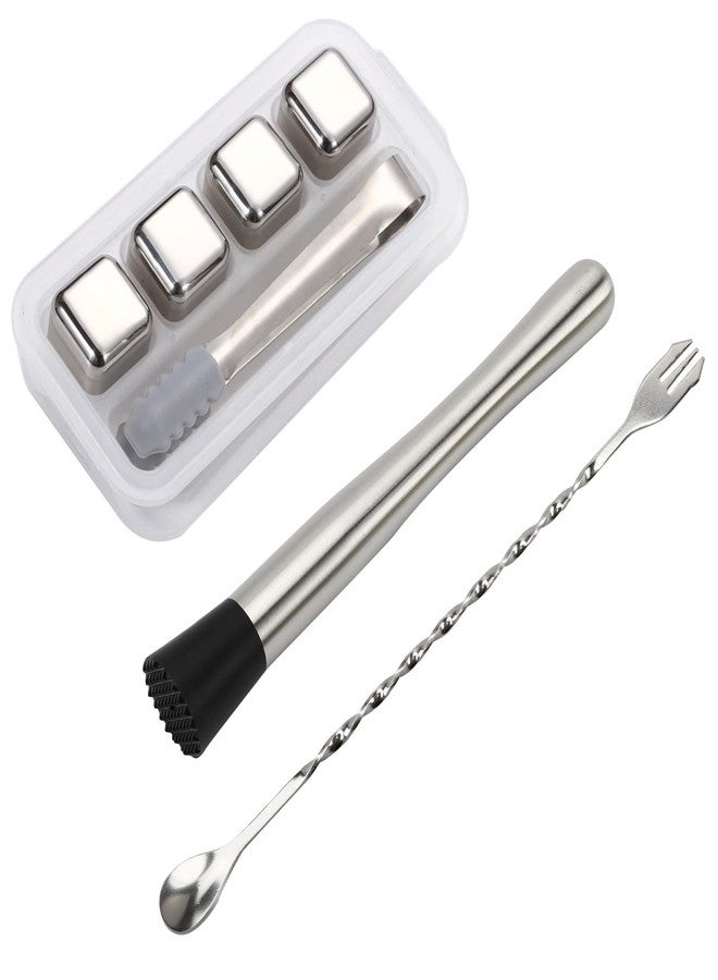 EWUHRY Muddler for Cocktails Set,10 Inch Stainless Steel Cocktail Muddler with 2 Mixing Spoons and 4 Stainless Steel Ice Cube With Ice Tongs, Bar Spoon for Bartender Cocktail Stirrer for Mojitos Fruit Drinks - Image 1