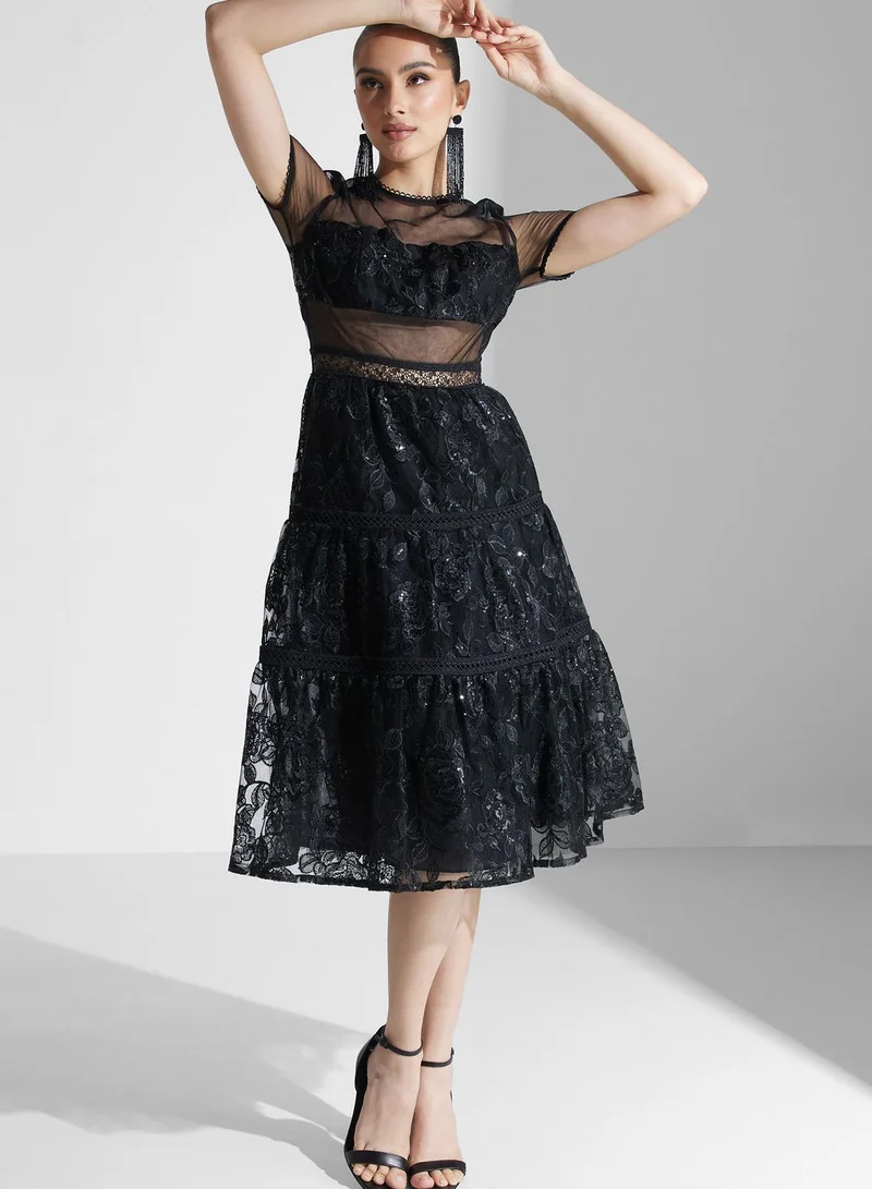 True Decadence Sequin Embroidered Panelled Skater Midi Dress
