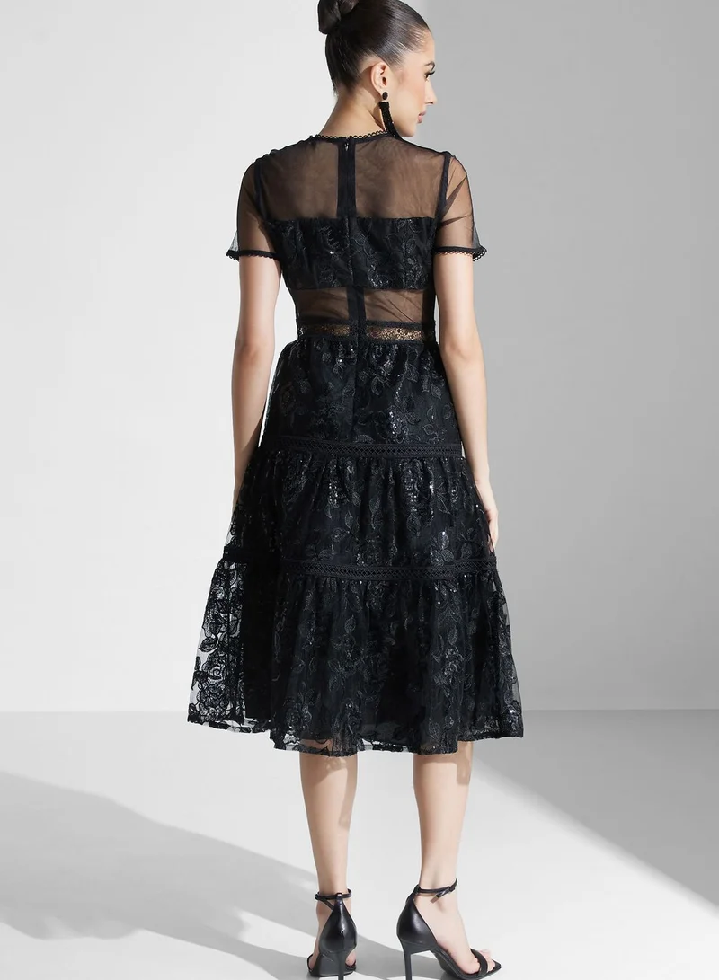 True Decadence Sequin Embroidered Panelled Skater Midi Dress
