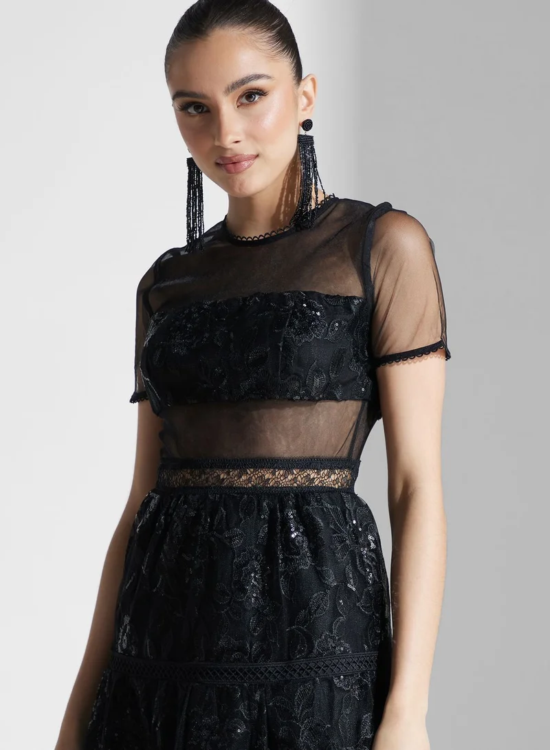 True Decadence Sequin Embroidered Panelled Skater Midi Dress