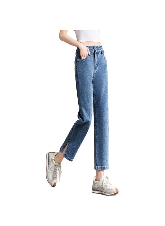 pincai Nine-Tenths Jeans For Women, Petite, Solid Color, Slim Fit, High-Waisted, Stretchy, Side Slit, Straight-Leg Casual Pants P12Kn1978 - Image 2