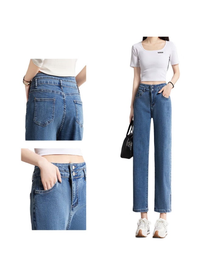 pincai Nine-Tenths Jeans For Women, Petite, Solid Color, Slim Fit, High-Waisted, Stretchy, Side Slit, Straight-Leg Casual Pants P12Kn1978 - Image 1