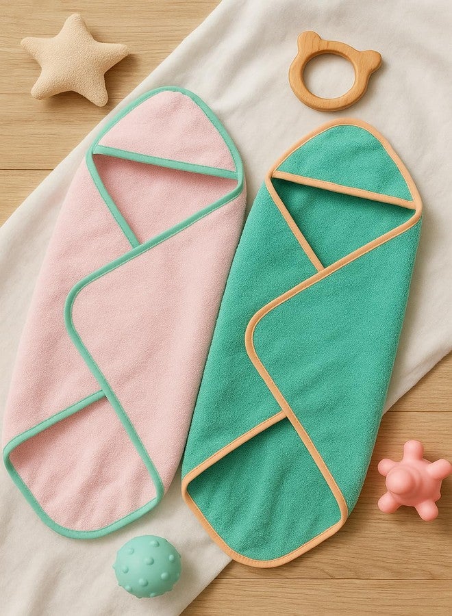 TuddyBuddy 100% Cotton Hooded Terry Towel for Babies/Super Soft Bath Towel for 0 Months - 2 Years Baby - Ideal for Newborn Babies - (Pack of 2 - Green & Pink)