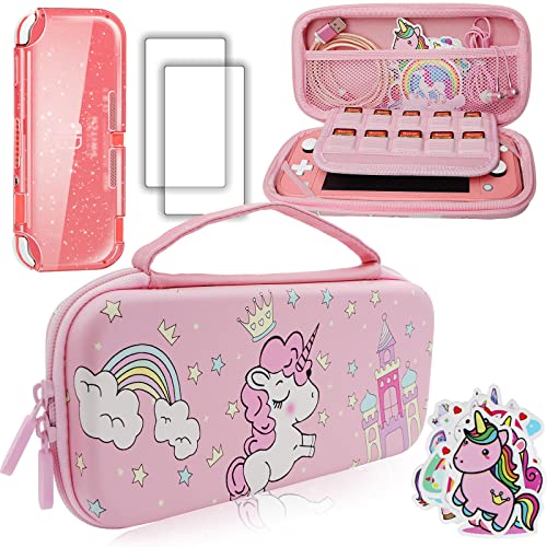 Trunple Pink Unicorn Carrying Case Compatible with Nintendo Switch Lite with Crystal Glitter Soft Protective Case Cover+Screen Protector+Stickers, Hard Storage Case Accessories Kit for Girls Birthday Gift - Image 1