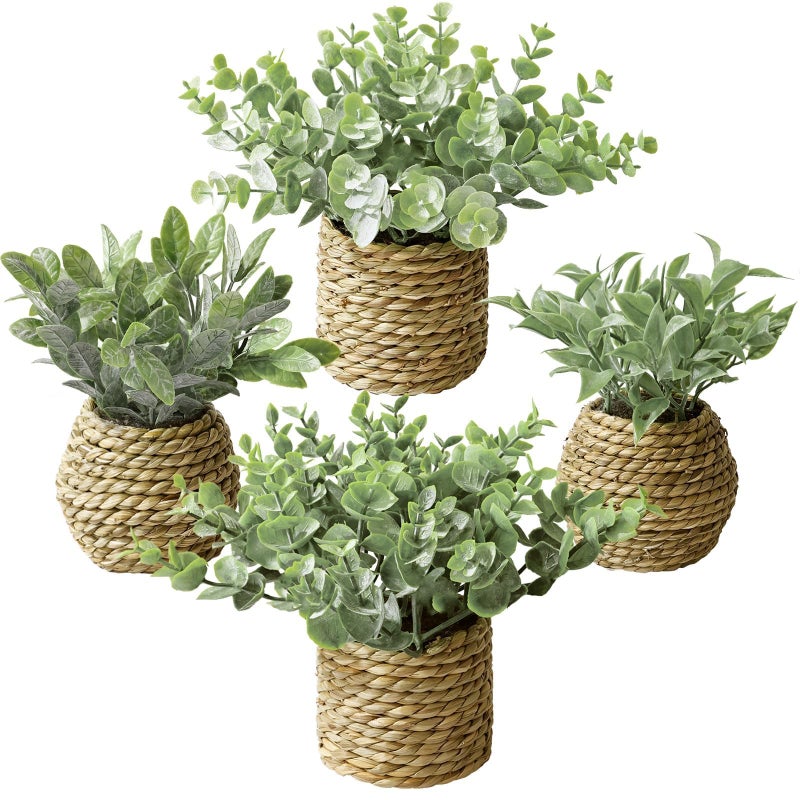 Treory Small Fake Plants: 7 Inches Artificial Plants with Seagrass Handwoven Planters, Indoor Farmhouse Decorations, Eucalyptus Plant for Home Bathroom Office Shelf Tabletop Desk Room Decor or Gift - Image 1