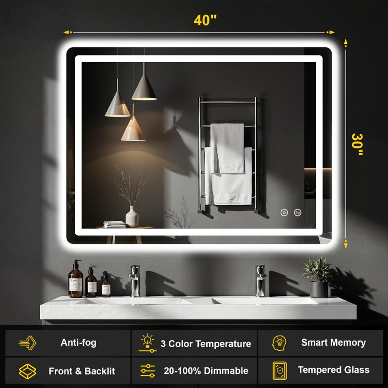 FICTOR LED Bathroom Mirror with Lights - Anti-Fog, Dimmable, Backlit+Frontlit, 3 Color Light - 40"x30" Lighted Vanity Mirrors for Wall, Shatterproof Tempered Glass, Memory Function - Image 2