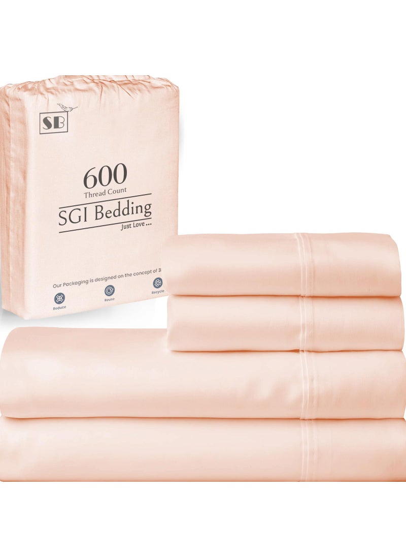 SGI bedding SGI bedding 600 Thread Count 4 Piece 100 Egyptian Cotton King Size Sheets Set 15 Deep Pocket Sheet Set Premium Breathable Soft and HotelQuality Luxury Sheets  Peach 