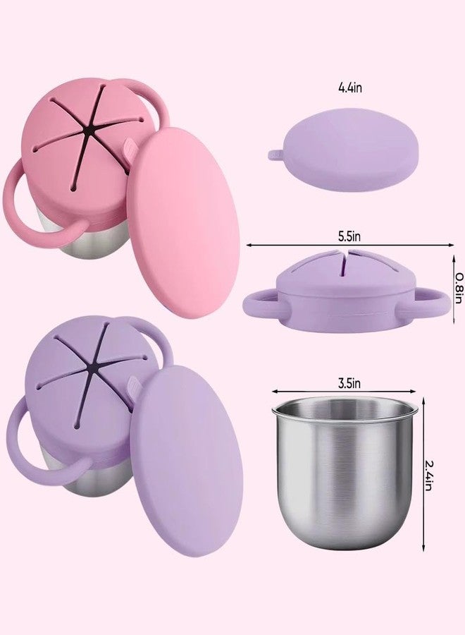 THEONI Stainless Steel Snack Cups - Pack of 2 | Spill-Proof Toddler Snack Cups with Silicone Food Catcher & Travel Lid | Dishwasher Safe (Pink & Purple) - Image 3