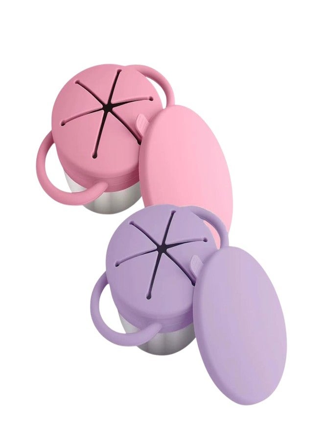 THEONI Stainless Steel Snack Cups - Pack of 2 | Spill-Proof Toddler Snack Cups with Silicone Food Catcher & Travel Lid | Dishwasher Safe (Pink & Purple) - Image 1