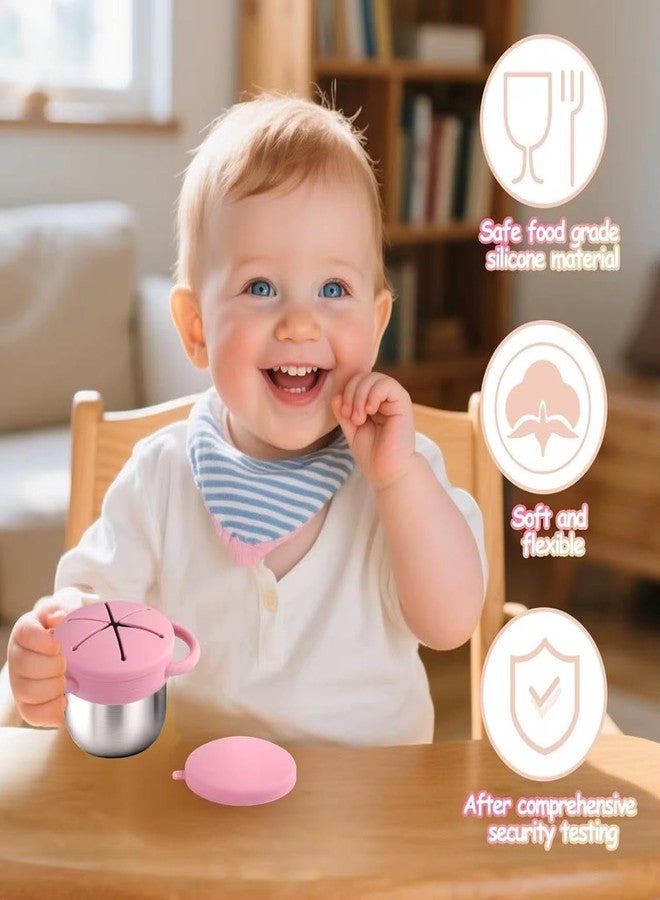 THEONI Stainless Steel Snack Cups - Pack of 2 | Spill-Proof Toddler Snack Cups with Silicone Food Catcher & Travel Lid | Dishwasher Safe (Pink & Purple) - Image 4