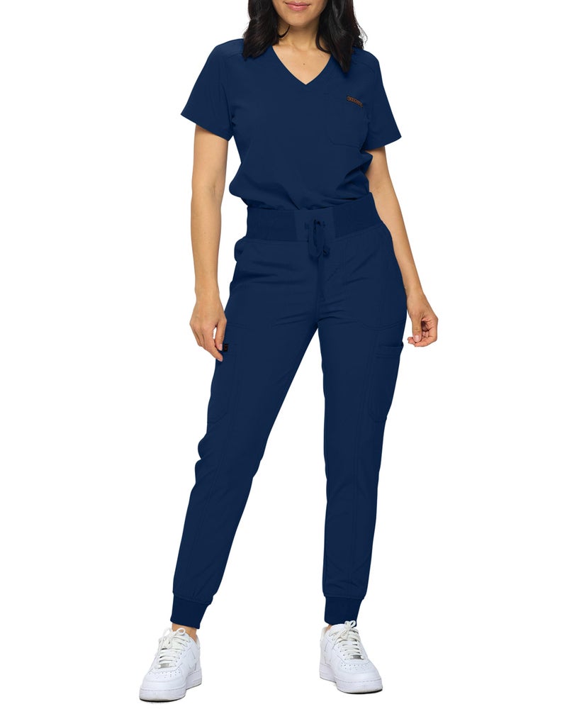 Monarch Uniforms Slim Fit Stretchy Scrubs Women's Jogger Scrub Set Slim Jogger Scrubs with Tuck-In Top for Women (NAVY BLUE-XL) - Image 1