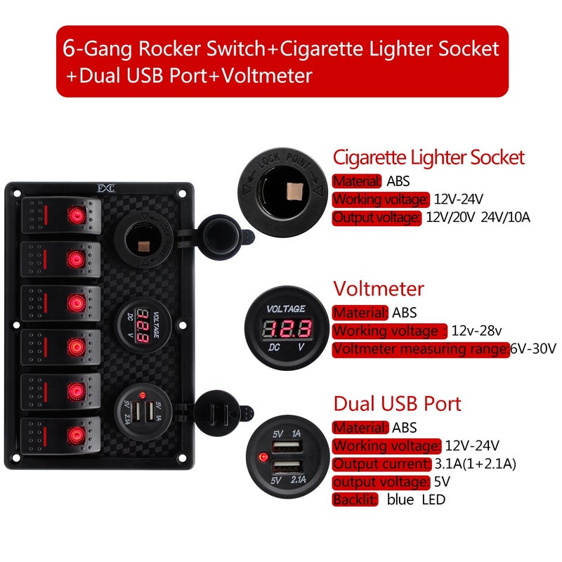 FXC Waterproof Marine Boat Rocker Switch Panel 6 Gang with Dual USB Slot Socket + Cigarette Lighter + Digital Voltage Display LED Light for Car Rv Vehicles Truck (6 Gang Red Light) - Image 2