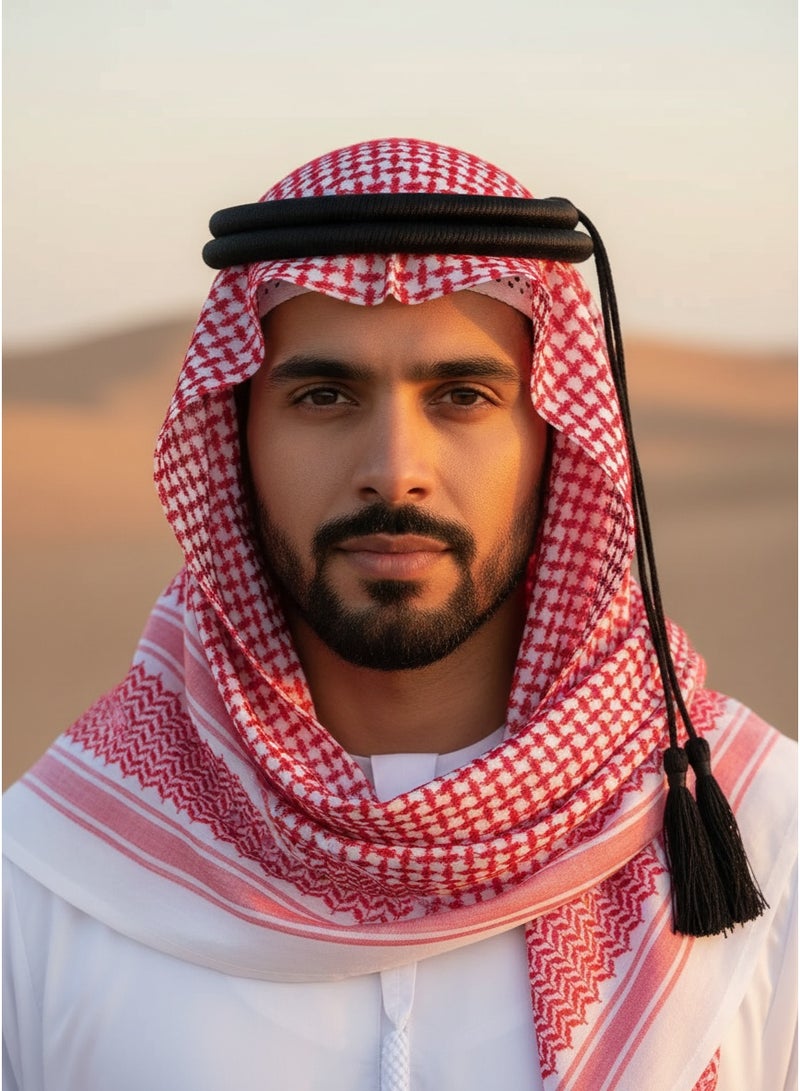 SYNSYB Traditional  Shemagh Keffiyeh Headscarf, Red /White Checkered Pattern, 133-145cm Length, Adjustable Black Agal Band,size 57 - Image 3