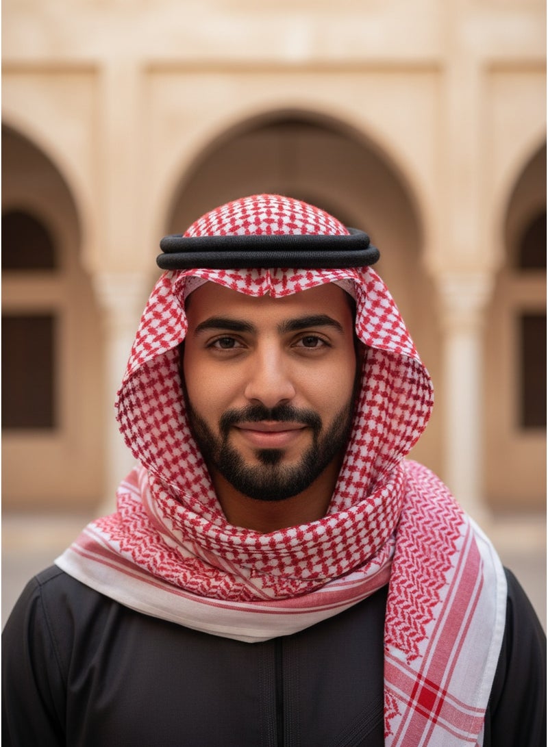 SYNSYB Traditional  Shemagh Keffiyeh Headscarf, Red /White Checkered Pattern, 133-145cm Length, Adjustable Black Agal Band,size 57 - Image 4