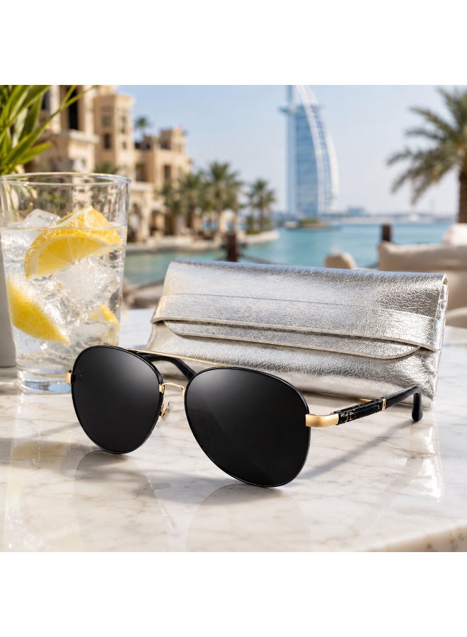 Unisex Classic Black Aviator Sunglasses with Protective  Pouch - Image 3