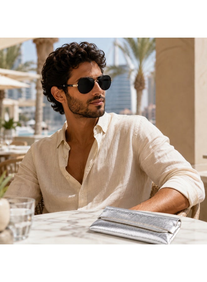 Unisex Classic Black Aviator Sunglasses with Protective  Pouch - Image 4
