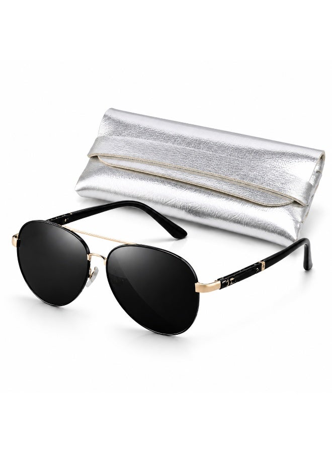 Unisex Classic Black Aviator Sunglasses with Protective  Pouch - Image 1