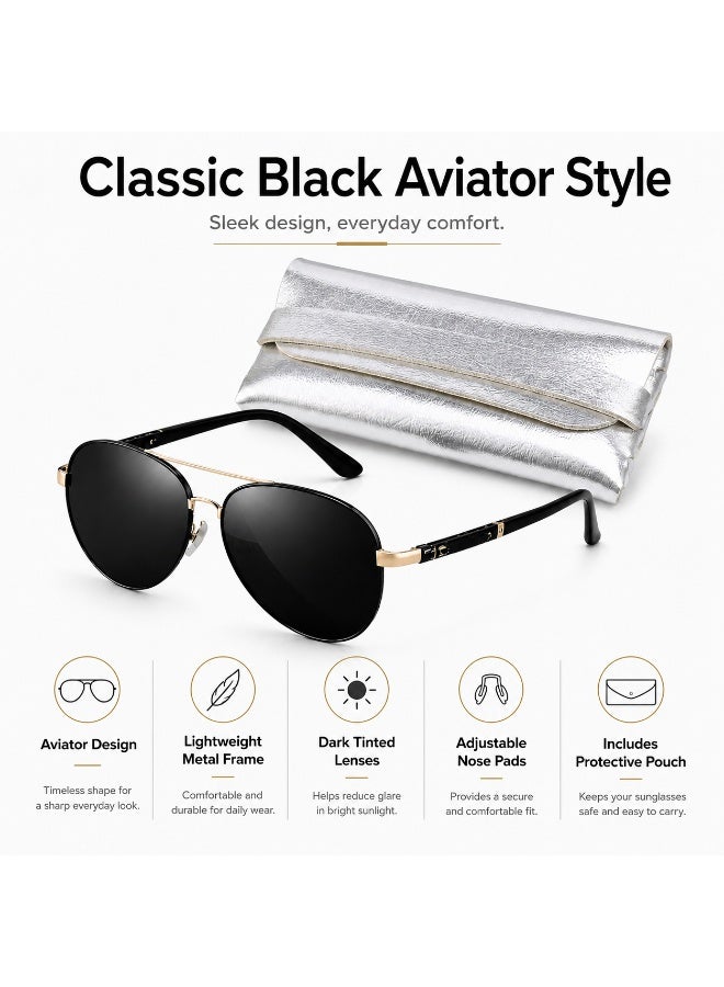 Unisex Classic Black Aviator Sunglasses with Protective  Pouch - Image 2
