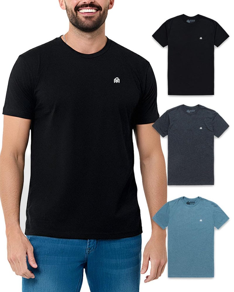 INTO THE AM Men's Logo Basic Tees 3 Pack Multipack - Fitted Essential Crewneck Blank Gym Classic Casual True Fit Fashion Undershirts for Guys (Black/Charcoal/Indigo, X-Large) - Image 1