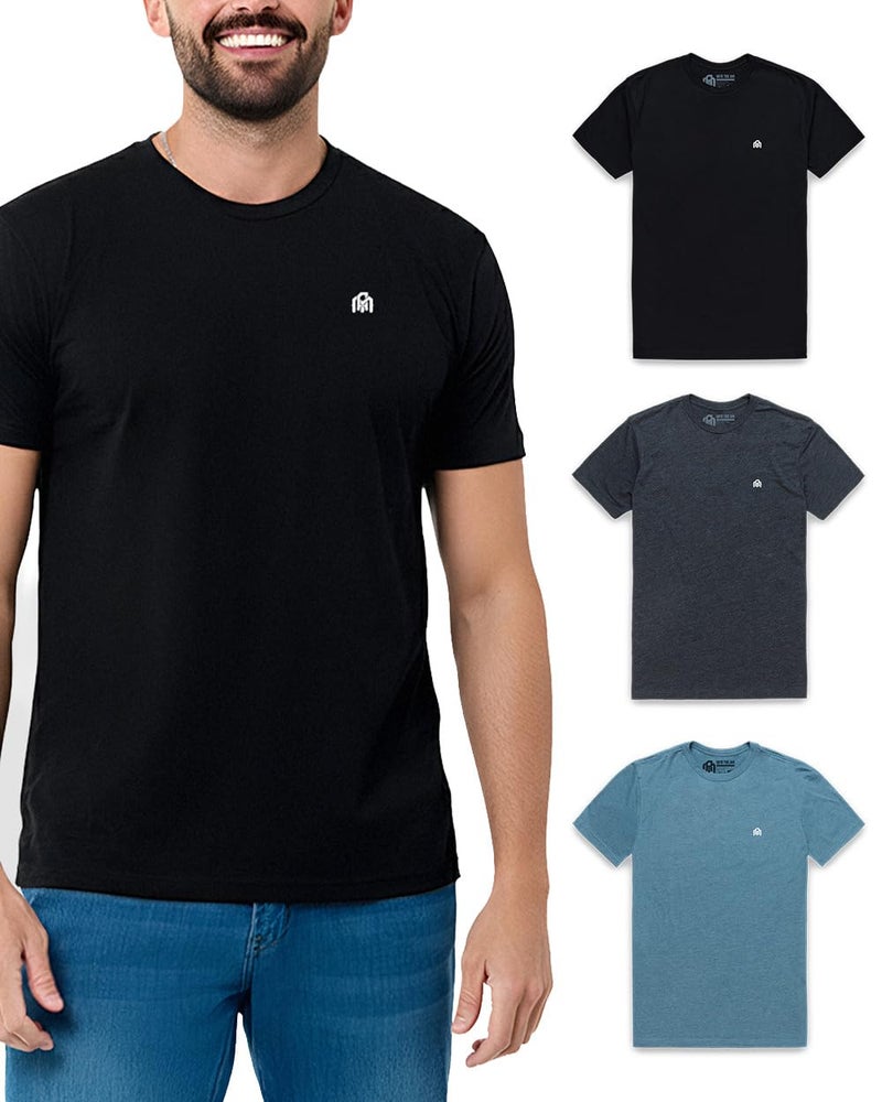 INTO THE AM Men's Logo Basic Tees 3 Pack Multipack - Fitted Essential Crewneck Blank Gym Classic Casual True Fit Fashion Undershirts for Guys (Black/Charcoal/Indigo, X-Large) - Image 2