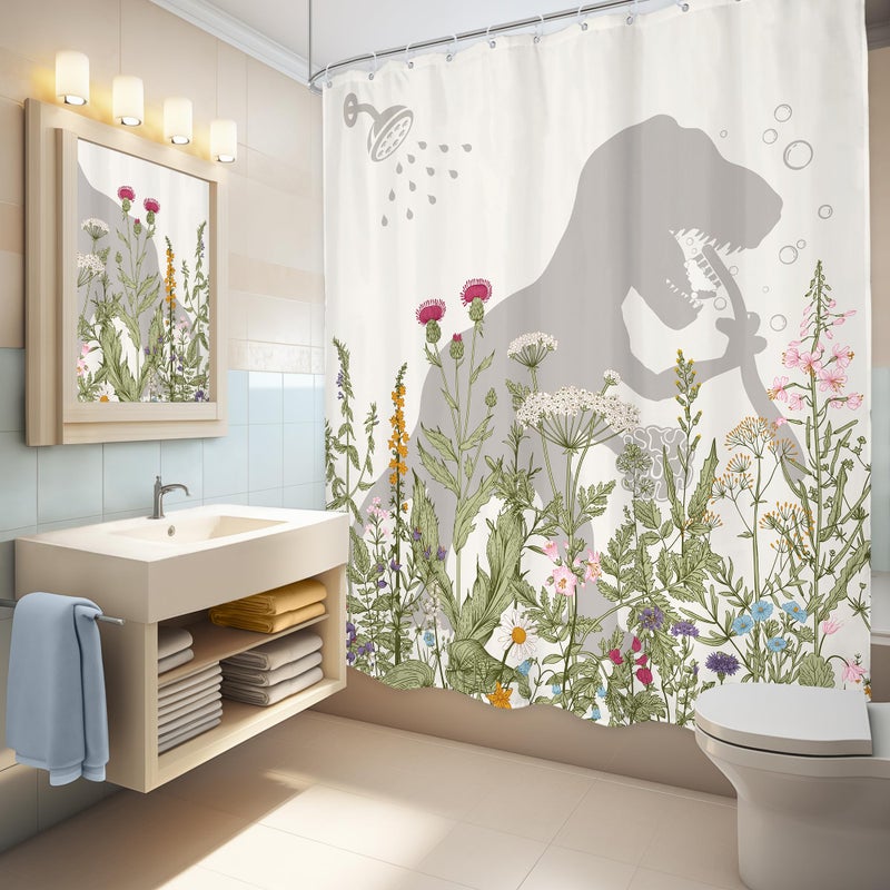 LGhtyro Dinosaur Wildflower Kids Shower Curtain Bathroom Set 60Wx71H Inches Funny Dino Silhouette Floral Rustic Plant Leaves Botanical Bath Accessories for Boys Art Home Decor Fabric 12 Pack Hooks - Image 3