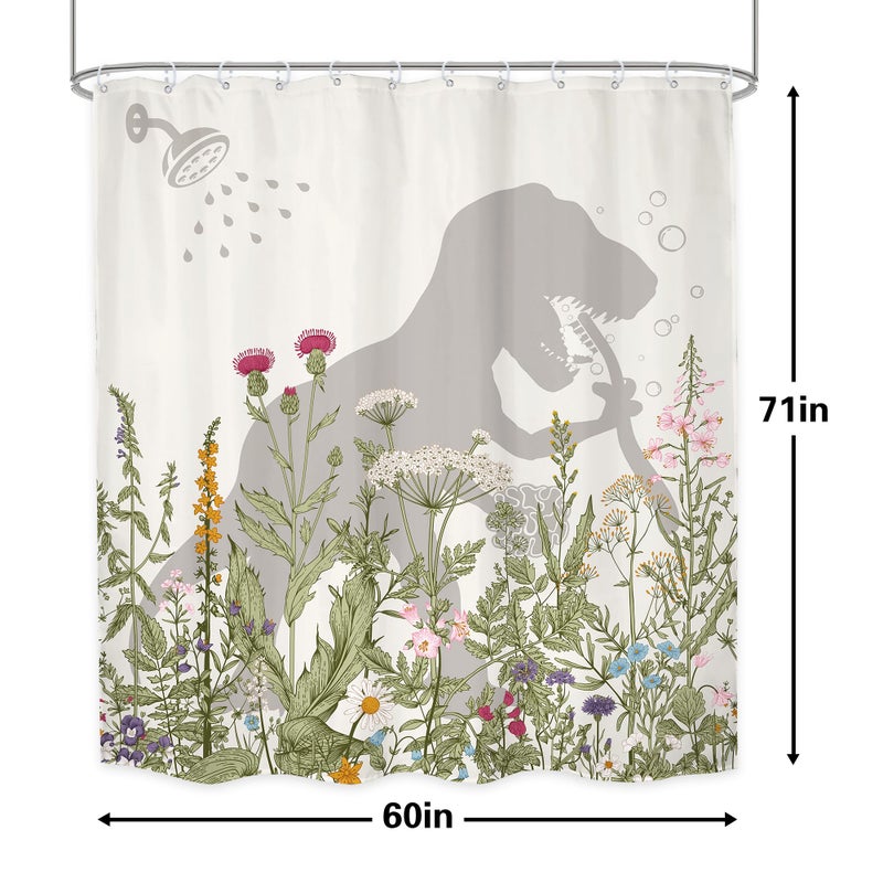 LGhtyro Dinosaur Wildflower Kids Shower Curtain Bathroom Set 60Wx71H Inches Funny Dino Silhouette Floral Rustic Plant Leaves Botanical Bath Accessories for Boys Art Home Decor Fabric 12 Pack Hooks - Image 4