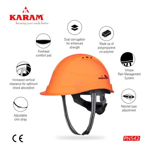 KARAM PN542 Safety Helmet for Men Industrial Construction Helmet | Ratchet Type Adjustment with Adjustable Chin Strap | Ventilation & Side Slot for Attachment | EN Certified Hard Hat | Chrome Orange - Image 3