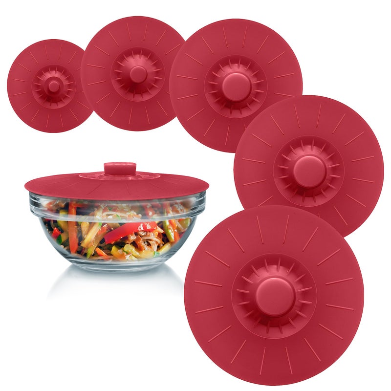 Perfect and Simple Silicone Bowl Lids Red, Set of 5 Reusable Suction Seal Covers for Bowls, Pots, Cups. Food Safe Natural grip, interlocking handles for easy use and storage. - Image 1