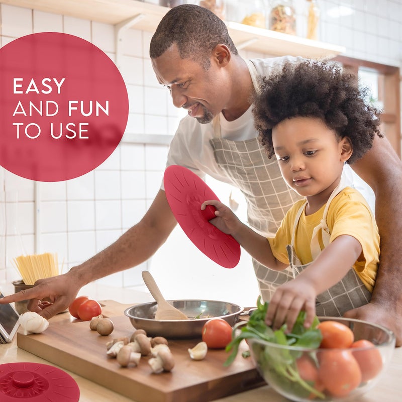 Perfect and Simple Silicone Bowl Lids Red, Set of 5 Reusable Suction Seal Covers for Bowls, Pots, Cups. Food Safe Natural grip, interlocking handles for easy use and storage. - Image 4