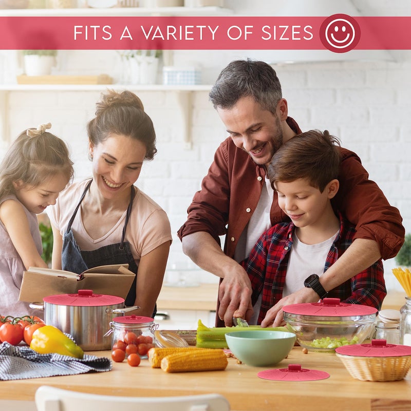 Perfect and Simple Silicone Bowl Lids Red, Set of 5 Reusable Suction Seal Covers for Bowls, Pots, Cups. Food Safe Natural grip, interlocking handles for easy use and storage. - Image 5