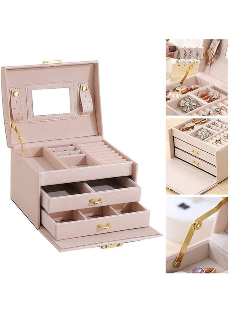 Soofam Jewelry Box Organizer for Women Girls, 3-Layer Jewelry Organizer with Lock and Drawer, Removable Grids Tray Storage Case for Earring Rings Necklaces Bracelets Sunglasse (Pink) - Image 2