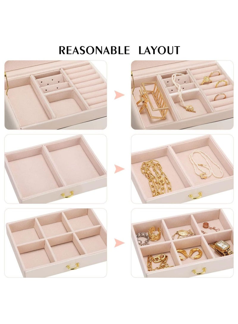 Soofam Jewelry Box Organizer for Women Girls, 3-Layer Jewelry Organizer with Lock and Drawer, Removable Grids Tray Storage Case for Earring Rings Necklaces Bracelets Sunglasse (Pink) - Image 4